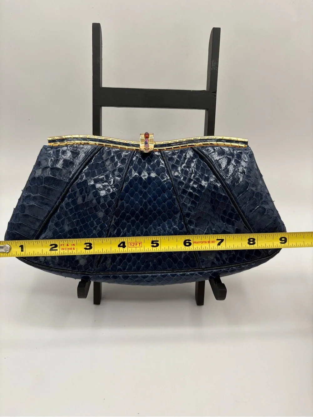 Vtg JUDITH LEIBER Snakeskin Leather Clutch Bag Small Navy Gold Multi Stones RARE